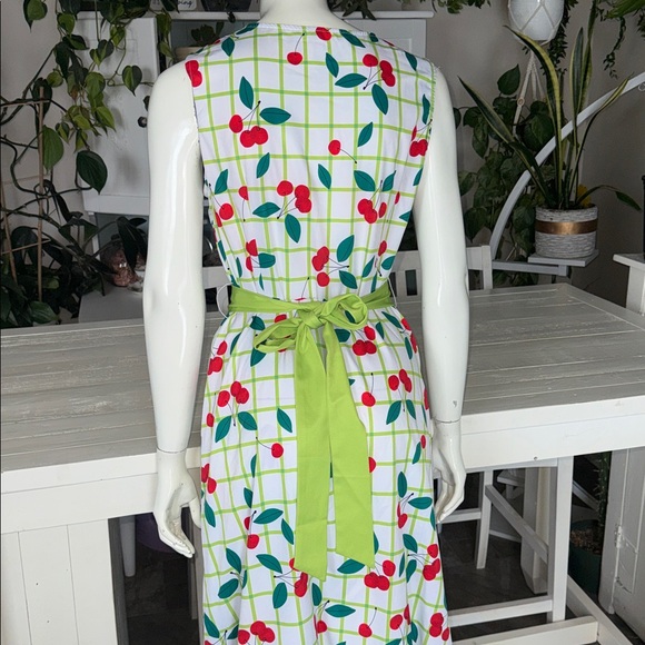 Sleeveless White Cherry Print Midi Dress Green Waistband NWOT XL 50/60s vibes - Picture 4 of 15